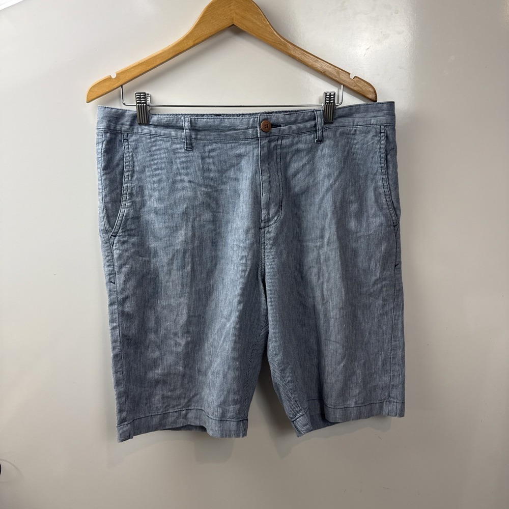 Tommy Bahama Shorts 34 Blue Pinstripe Linen Cotton Blend Flat Front 10" Inseam